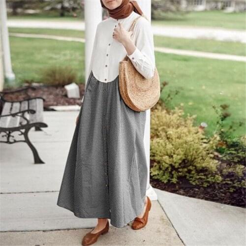 Women Dubai Vestidos Turkey Hijab Dress Vintage Striped Spliced Sundress Autumn Long Sleeve Muslim Shirt Dress Oversized Abaya