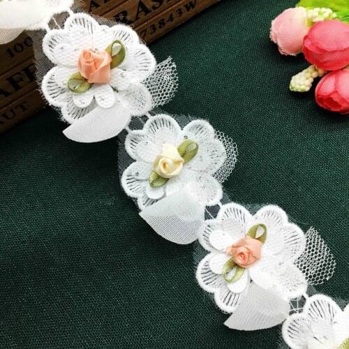 1 yd White Rose Flower Mesh Embroidered Fabric Lace Trim Applique Ribbon Handmade DIY Sewing Craft Decoration Wedding Dress
