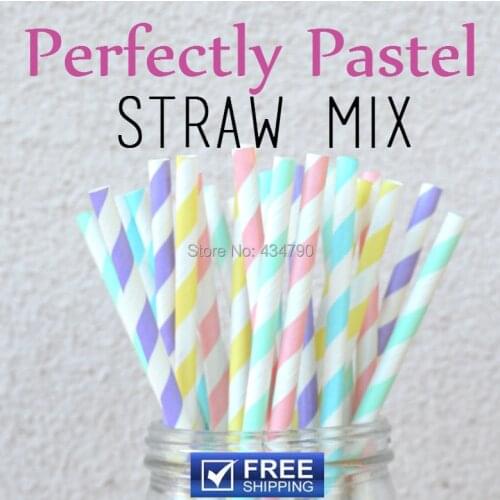 250pcs Mixed 5 Designs Perfectly Pastel Paper Straws, Mint, Light Blue, Baby Pink, Light Yellow, Lilac Striped Drinking Straws