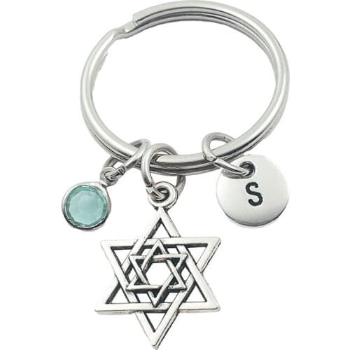 Star of David Initial Letter Monogram Birthstone Keychains Keyring Creative Fashion Jewelry Women Gifts Accessories Pendant
