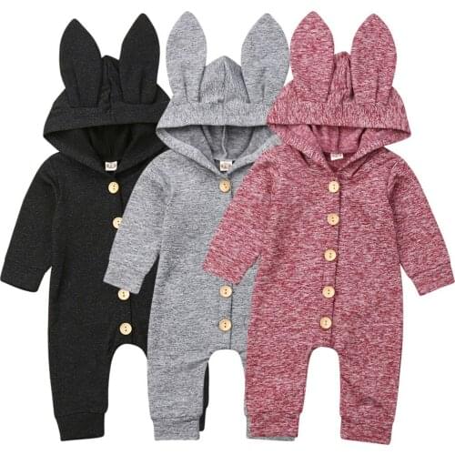 0-24M Newborn Baby Boy Girl Long Sleeve Bunny Ear Hooded Romper Jumpsuit Playsuit Outfits Spring Autumn Clothes