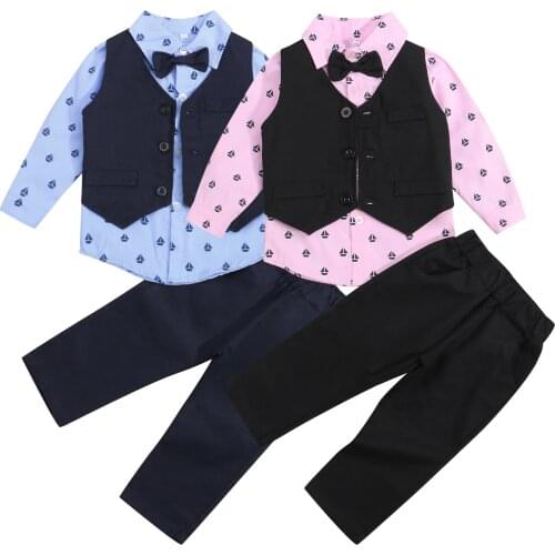 3Pcs Gentleman Set Toddler Boys Clothes Single-Breasted Waistcoat + Sailboat Print Long Sleeve Shirt+ Suit Trousers 1 to 5 Years