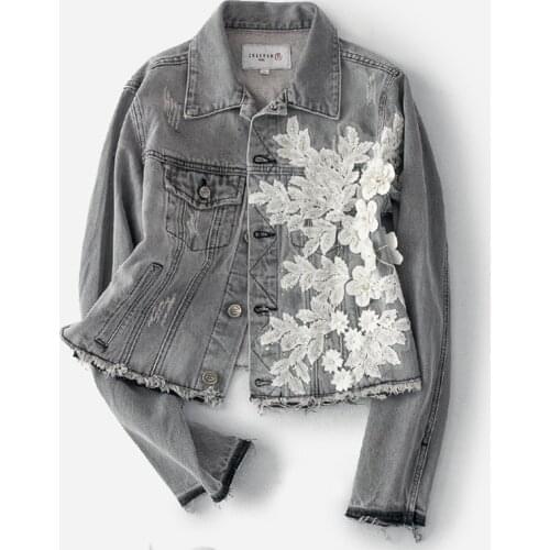 Spring Fall Fashion Women Embroidery Rhinestone Ripped Denim Jacket Coat , 2019 Autumn Womens Loose Grey Jackets and Coats