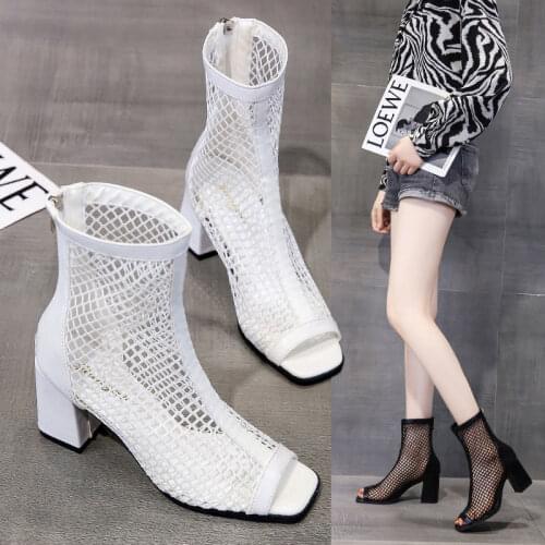 2021 summer new fish mouth short tube high heel hollow female breathable Martin boots thick heel sandals