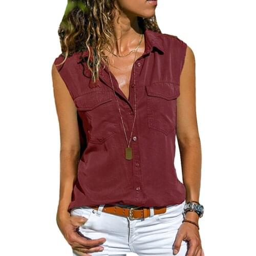 Sleeveless Summer Tank Tops Women Casual Solid Color Button Turndown Collar Shirts Clothes Female Button-Up Pocket Vintage New
