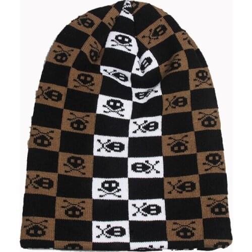 Mens Knitted Skull Winter Hats Punk Rock Style Soft Slouchy Beanie Cap White Black Brown Plaid Pattern