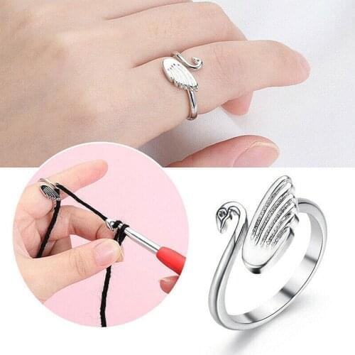 Silver Plated Opening Ring For Women Simple Adjustable Retro Small Metal Swan Of Couple Single Black Jewelry Gift Knitting Loop