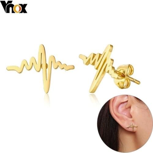 Vnox Gold Color Heart Beat Trace Stud Earrings for Women Stainless Steel Elegant Party Street Wear Brincos