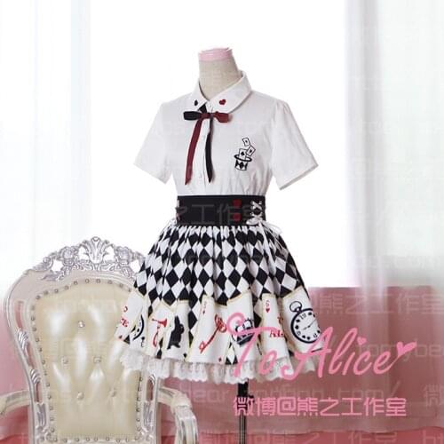 Shoujou God of gamblers Kawaii Girls Summer 2PCS Set: Short Sleeve Blouse Shirt + Suspender Poker Print Skirt Lolita Cute