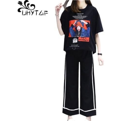UHYTGF Summer clothes for women Fashion print Oversized wide-leg pants two-piece womens Short sleeve tops Sports sets Lady 1370