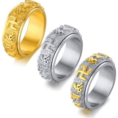 Vintage Tibet Buddhist Swastika Men Ring Spinning Spinner Band Lucky Prayer Gift