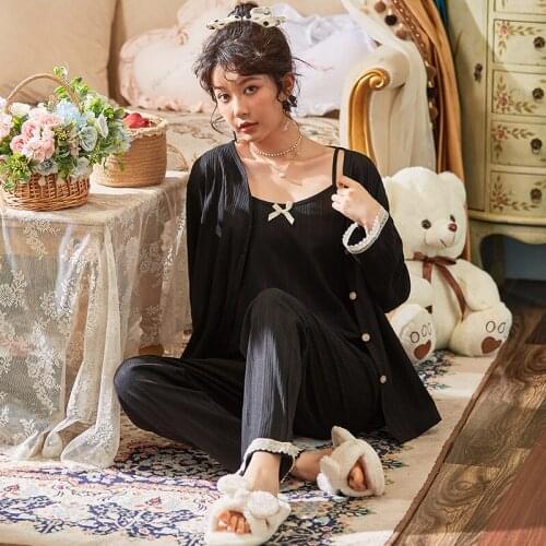 Womens Pajamas Solid Color Camisole Long-Sleeved Cardigan Trousers Sleepwear Suit 3 Pieces Female Sexy Casual Homewear Autumn