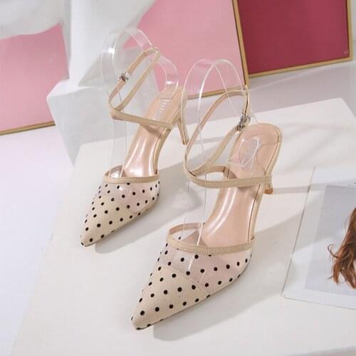 Womens sandals 2021 summer mesh breathable thin heel sexy pointed toe comfortable high heels fashion ankle strap shoes party