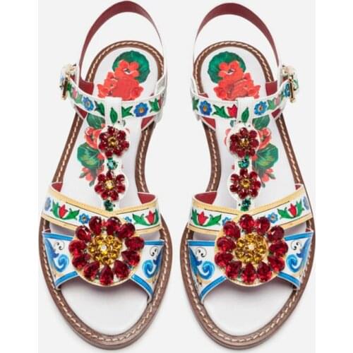Moraima Snc Summer Fashion Printed Sandals for Woman Open Toe T-strap Crystal Flower Decorations Shoe Leather Dress Sandals