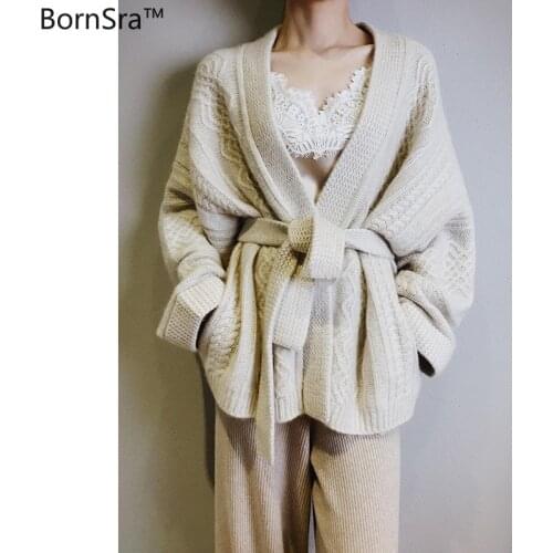 2020 New Women Warm Knitted Cardigan Female Casual Criss-Cross Belt Turn Down Collar White Sweater Women Cotton Knitwear femal