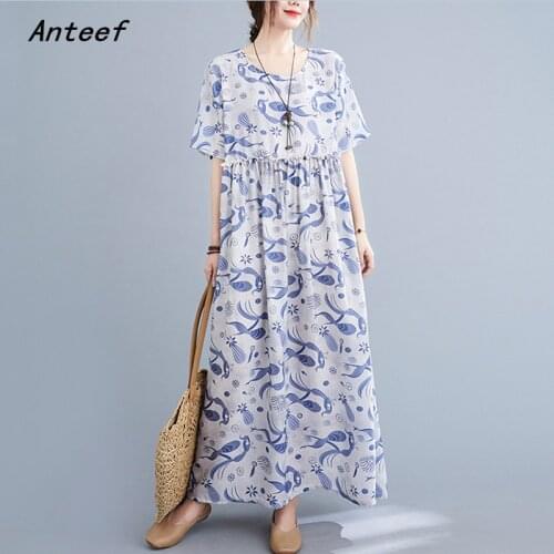 Anteef short sleeve vintage floral dresses for women casual loose long woman summer dress elegant clothes 2021