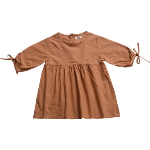 New Girls Spring Summer Dress Lantern Sleeve Pleated Solid Color Dress Children Boho Cotton Brown Tan Dress