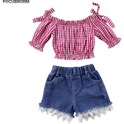 Fashion Sweet Summer 2PCS Sets Toddler Baby Girls Short Petal Sleeve Off Shoulder Plaid Red T-Shirt Tops Denim Lace Shorts