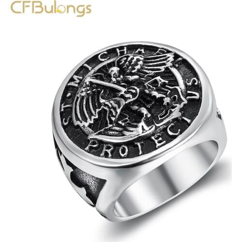 CFBulongs Vintage Men Stainless Steel Ring Saint Michael Religious Amulet Cyclist Finger Ring For Men Boy Fashion Jewelry