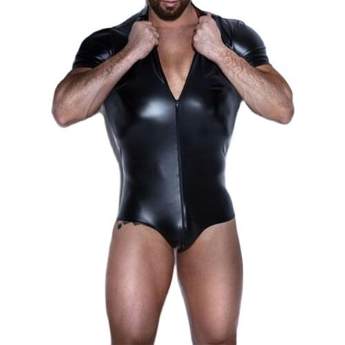 Mens Zipper Short Sleeve Jumpsuit Plus Size Faux Leather Shapewear Black Wrap Bag Hip Crotch Bodybuilding Tank Top Sex Bodysuit