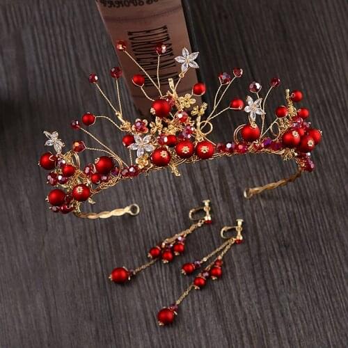 Charm Red Pearl Bride Crown and Earrings Baroque Crystal Wedding Tiaras Crowns Bridal Flower Tiara Diadem Headband Headdress