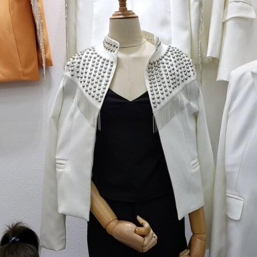 Autumn Fashion Rivet Tassel Short Blazer Jacket Women White Black Suit Jacket Coat Female Korean Slim Long Sleeve Blazers Coat