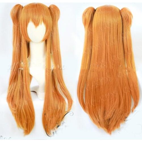 Anime EVA Asuka Langley Soryu Long Orange Heat Resistant Hair Cosplay Costume Wig + 2 Ponytail Clips+Wig Cap