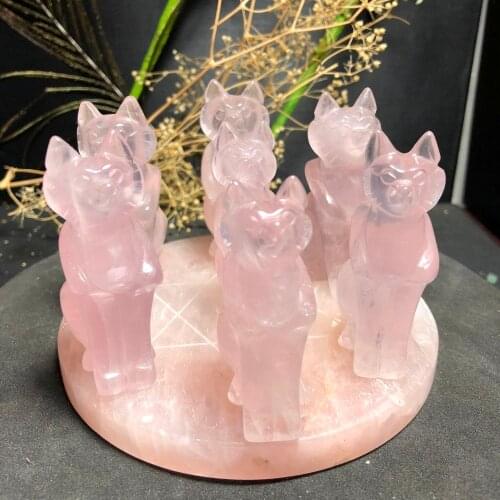 High Quality Natural Rose Quartz Crystal Seven Star Array Carving Fox Drive Away Evil Spirits With Base