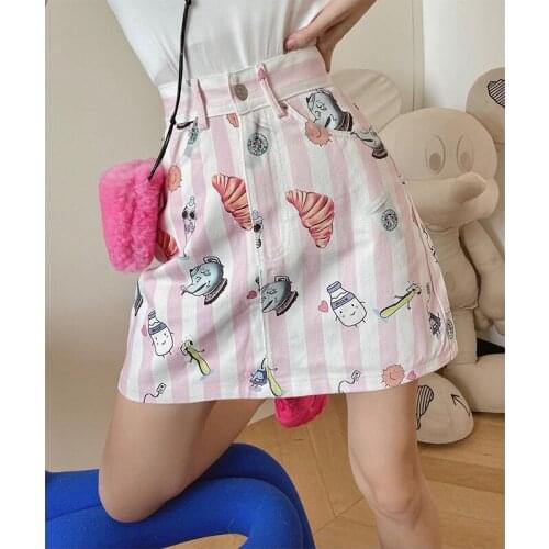 High-Waisted Skirt Ladies Patchwork Cartoon Mini Skirts Female Casual Pockets Button Korean Fashion Summer Womens Clothing