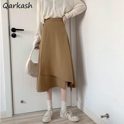 Skirts Women Asymmetrical Students Summer Mid-calf Elegant Design A-line Maiden Leisure Empire Abdomen Solid Trendy Clothing Ins