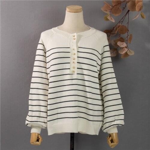 Womens Button Knit Sweater Striped Casual Versatile Pullover Round Neck Long-sleeved Simple Sweater 2021 Spring Autumn New