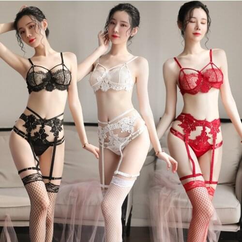 European and American interest underwear female outfit uniform sexy lace garter belt three point perspective hollow out back sui