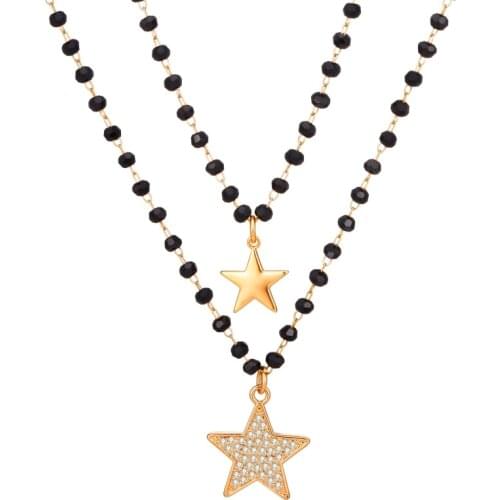 Trendy Double Stars Pendant Necklaces For Women Black Crystal Beads Layered Chain Necklace Bohemia Jewelry Accessories Gift 2020