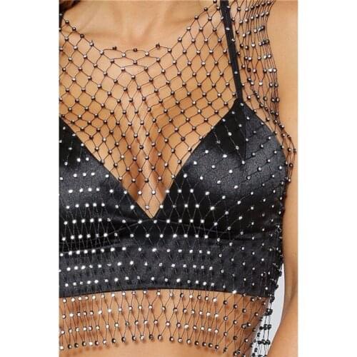 2019 Crystal Diamond Mesh Sexy Cover Ups Women Hollow Out Fishnet Summer Beach Shirt Transparent Party Top