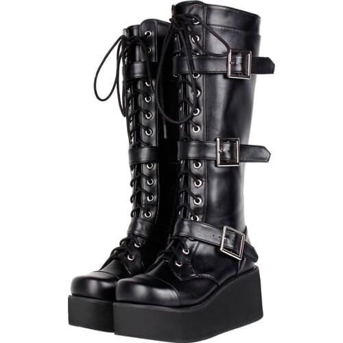 Angelic imprint mori girl Women motorcycle punk shoes lady lolita Boots woman high heels wedges pumps buckles 33-47 lace up zip