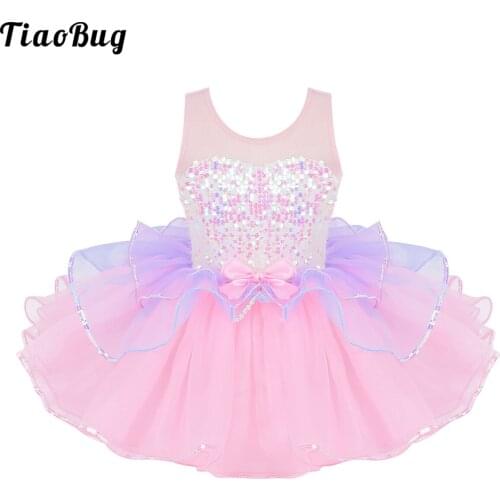 TiaoBug Kids Girls Dancewear Shiny Sequins Mesh Splice Bowknot On Waist Ballet Dance Gymnastics Leotard Tutu Dress