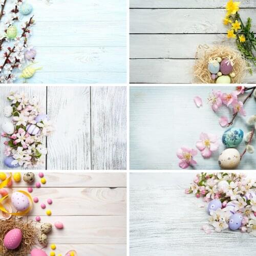 Lyavshi Easter eggs and flowers on wooden planks background Newborn Portrait Photo Background Customized Photographic Backdrops