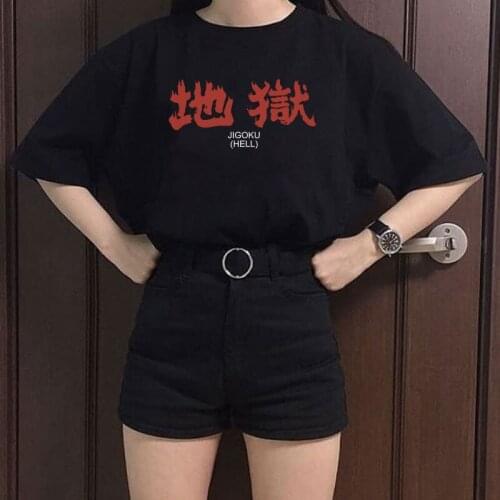 JIGOKU HELL Japanese Kanji Gothic T Shirt Womens Vintage Fashion Streetwear Aesthetic Horror Movie Tshirt Female Grunge Clothes