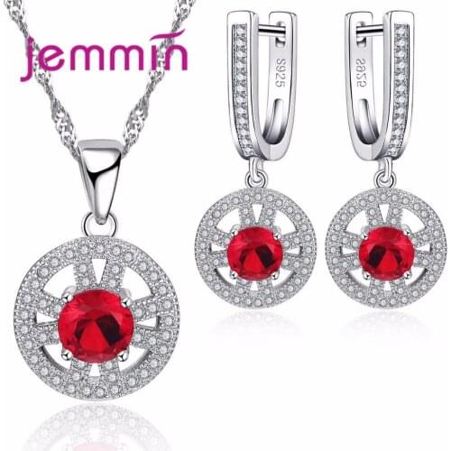 Round Red Crystal 925 Silver Necklace Earrings Jewelry Sets For Women Wedding Engagement Bijoux Rhinstone Jewellery Set