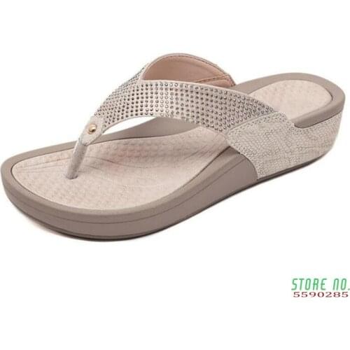 New Women Floral Beaded Sequin Embellishment Mesh Slippers Flip Flop Sandal Wedge platform shoes sandalia femininaE381