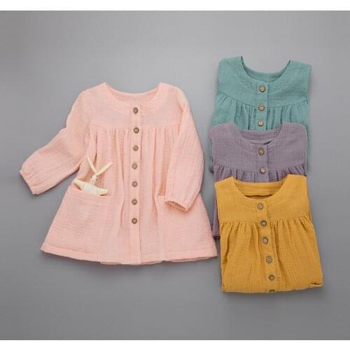 Baby Girls Autumn Dress Toddler Kids Solid Cotton Linen Button Casual Princess Dresses Long Sleeve Loose Clothes WT44