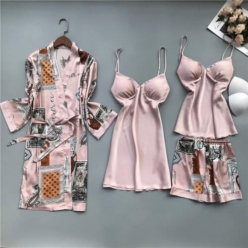 Pink Silky Kimono Bathrobe Gown 4 PCS Pajamas Set With Belt M-XL Sexy Women Summer Print Spaghetti Strap Nightdress Home Wear