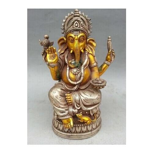SUIRONG---406+++6.7" Tibet Tibetan Gilt Silver Bronze Elephant Headed God Ganesh Statue