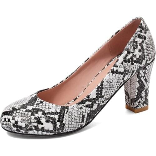 Serpentine Pumps Women thick High Heels Round Toe Shallow 4color Pumps For Party Wedding Fashion Snake Print Dress Shoes