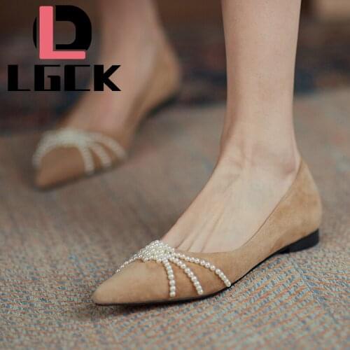 New 2021 Fashion Women Comfortable Shoes Spring Summer Pointed Toe Cashmere Leather Women Flat Shoes Ladies Ballet Pearl Loafers
