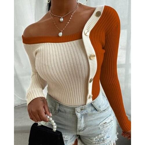 Long Sleeve Knitted Sweater Skinny Pullover Women Autumn Winter Patchwork Solid White Black Fashion Long Sleeve Ladies Pullovers