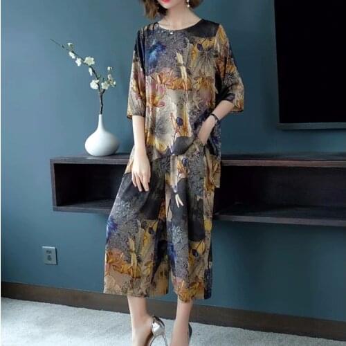 Summer 2020 Women Suits Fashion Middle-aged Floral Printing Large Size Two-piece Set Female Clothing Sets For Female D85