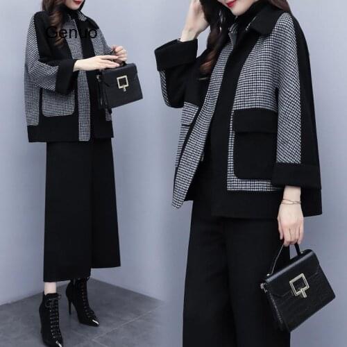 Woolen Jacket Women 2 Piece Set Wide Leg Pants Suit Elegant Autumn Winter Clothing Office Lady Vintage Plaid Wool Coat Trousers