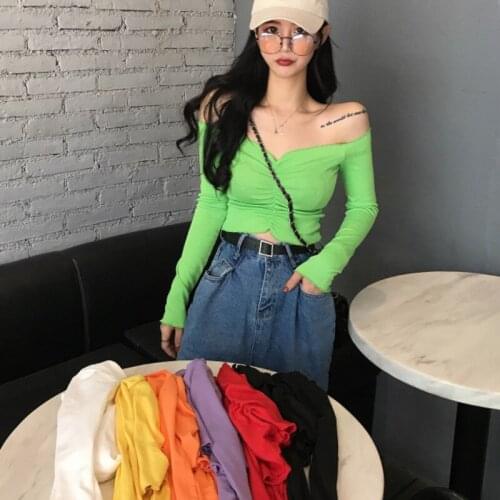 WOMENGAGA Korean Slash Neck Long Sleeve Slim Solid Color Bottomed Tops Sexy Open Navel With Ruched T-shirt For Women TRM0