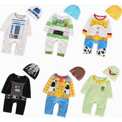Free Shipping Long Sleeve Boy Clothes Cotton Romper Set with Hat 2 Pieces Cartoon Long Jumpsuits for Newborns Toddlers Boys